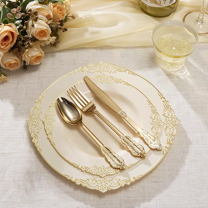 Goodluck 250 PCS Vintage Ivory & Gold Rim Plastic Plates with Cutlery Set - Serves 50 - Heavy Duty Elegant Disposable Dinnerware for Rustic Wedding, Boho Party, Tea Party