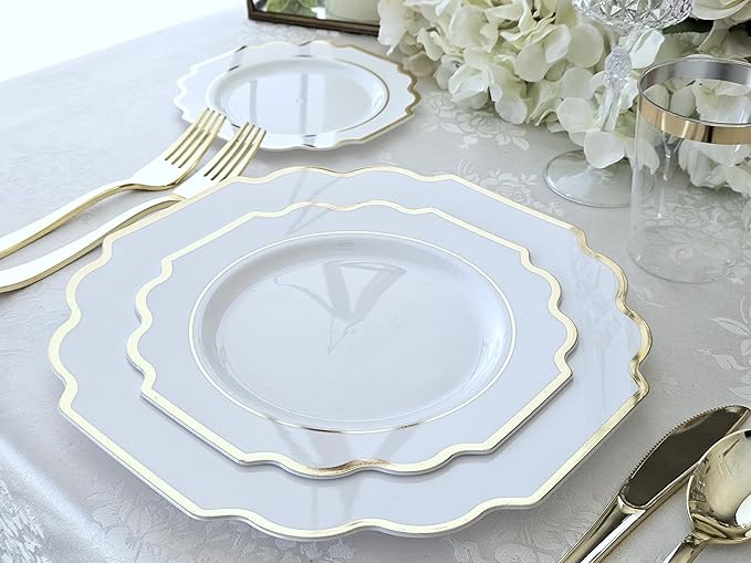 " OCCASIONS " 50 Plates Pack (25 Guests)-Heavyweight Wedding Party Disposable Plastic Plate Set -(25x10.5'' Dinner + 25x8'' Salad/Dessert) (Imperial White & Gold)