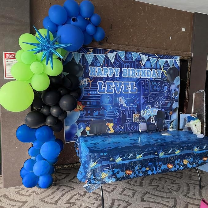 Video Game Balloon Arch Garland Kit, 125pcs Dark Blue and Green Black Silver Balloon with Royal Blue Silver Explosion Star Foil Balloons for Boys Gaming Night Birthday Baby Shower Party Decorations