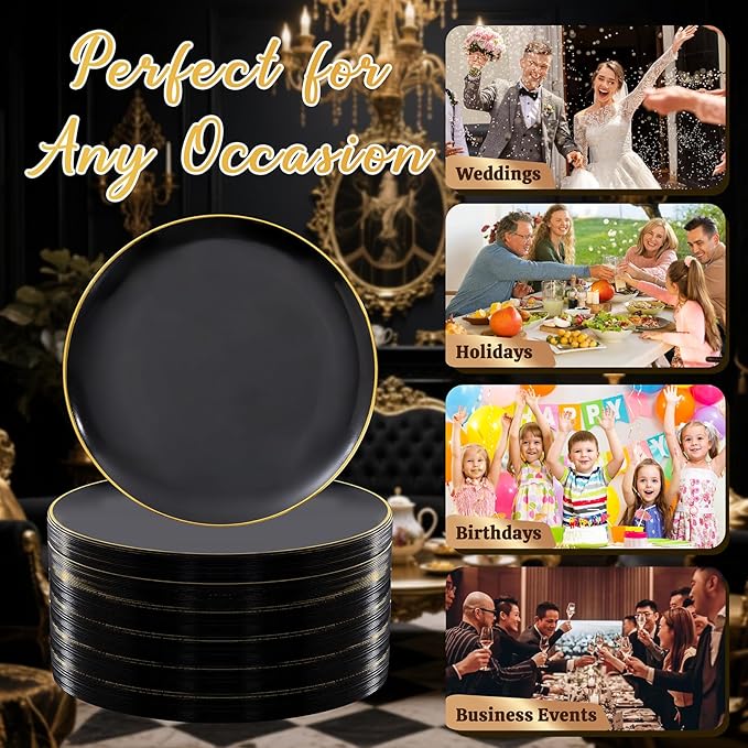 Festiva 200Pcs Black Gold Dessert Plates 6.3" with Plastic Forks 5"- Small Disposable Plates- Dessert/Cake/Appetizer Plastic Plates include 100Plates 100Forks for Tea Party & Birthday