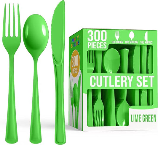 Party Solids Lime Green Plastic Silverware Heavy Duty 300 Pieces Lime Green Disposable Silverware Heavy Duty, Utensil Sets, 100 Of Each Forks, Knives & Spoons Disposable Cutlery Set For Party Supplies