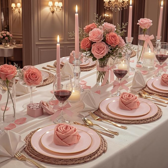 WDF 300Pcs Pink Plates Disposable - Pink and Gold Plastic Dinnerware Set for 50 Guests Include 50 Dinner & Cake Plates & 50 Disposable Cutlery & 50 9oz Cups for Wedding/Baby Shower/Spring/Mother's Day