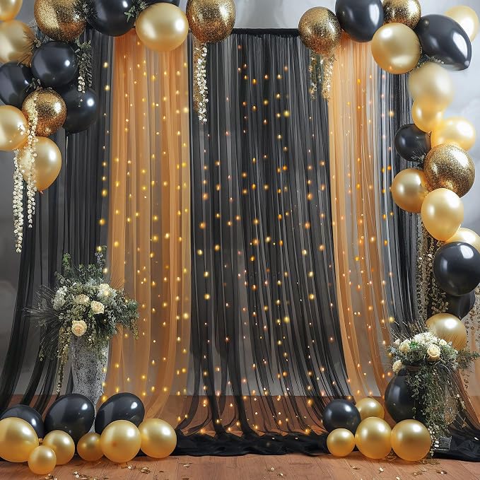 20x10ft Black Tulle Backdrop Curtain with Lights String for Parites, Sheer Photo Backdrop Curtains with Lights for Wedding Backdrop Ceremony Reception Bridal Shower Baby Shower Birthday Party