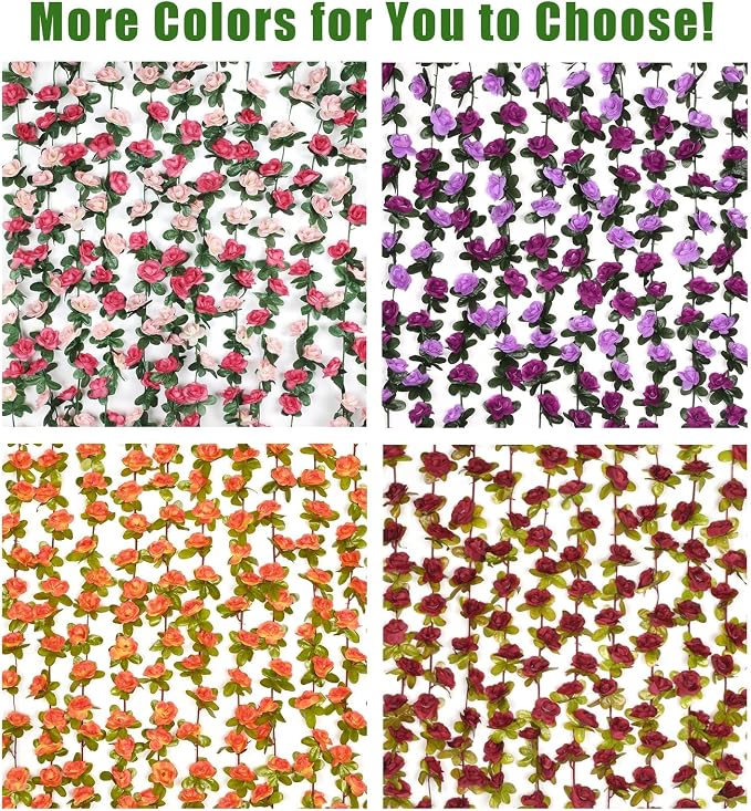 BLEUM CADE 12Pcs 98.4Ft Flower Garland Artificial Rose Vines for Bedroom, Cute Fake Hanging Flower Vines Floral Garland Decorations for Wedding Party Wall Room Decor Aesthetic