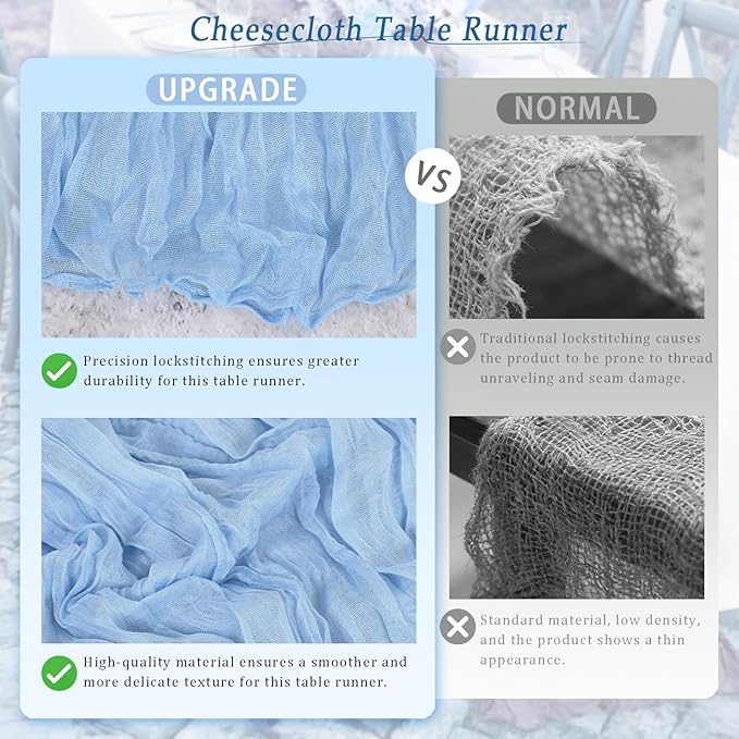 10 Pack Light Blue Cheesecloth Table Runner 17x108 Inch Semi Sheer Boho Rustic Gauze Cheese Cloth Table Runners for Wedding Party Birthday Baby Shower Home Décor