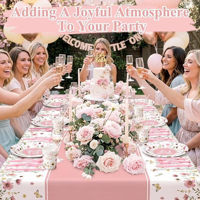 LemonRoad 452 Pcs Pink Baby in Bloom Decoration for 50, Floral Girl Baby Shower Paper Plates Napkins Cups Tablecloth Cutlery Straws Disposable Tableware for Spring Wildflower Babys Shower Party Supply