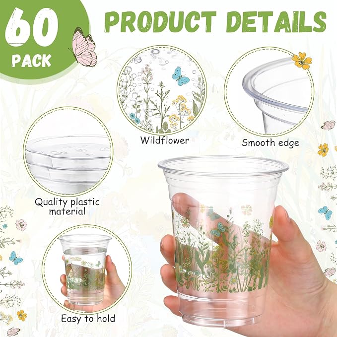 Hushee Wildflower 60 Pcs Party Cups 16 oz Plastic Disposable Drinking Cups for Birthday Love Baby in Bloom Baby Shower Summer Fresh off The Market Bridal Shower Decorations Supplies