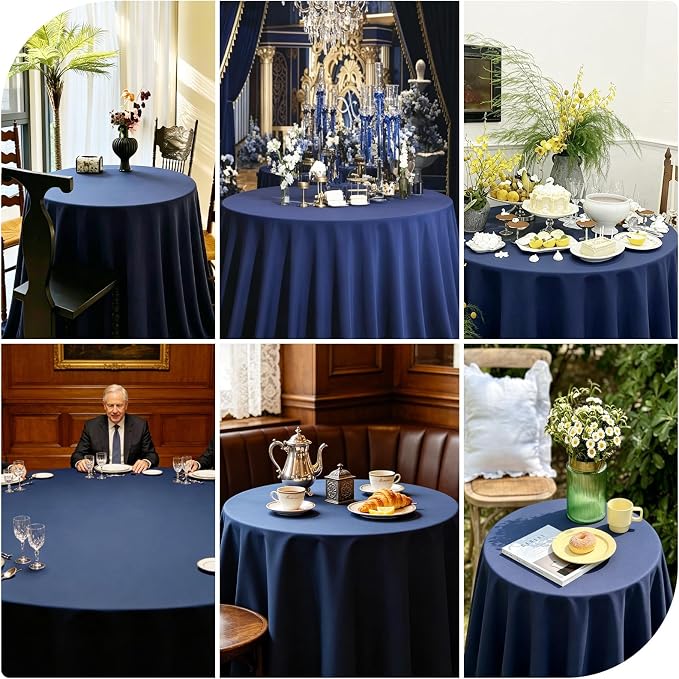 WIGENIUS 2 Pack Blue Table Cloth Round Tablecloths 90 Inch,Polyester Table Cloth for 5 Foot Round Tables,Wrinkle Resistant Washable Fabric Table Covers for Party,Wedding Banquet