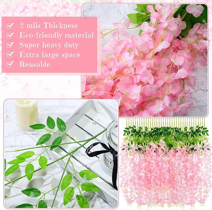 Yunsailing 108 Pack 43.2 in/ 3.6 ft Artificial Fake Wisteria Hanging Flowers Wisteria Faux Flowers Garland Silk Vine Rattan Long Hanging Flowers String for Home Outdoor Wedding Party(Petal Pink)