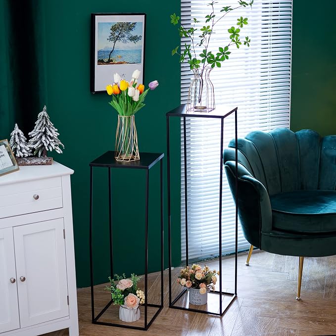 Black Tall Plant Stand: 31.5in, With Metal Panel, Packs of 10 | Columnar Cube Shape, Easy to Assembly, Flowers Cakes Drinks Display Table Centerpieces for Wedding Party Event