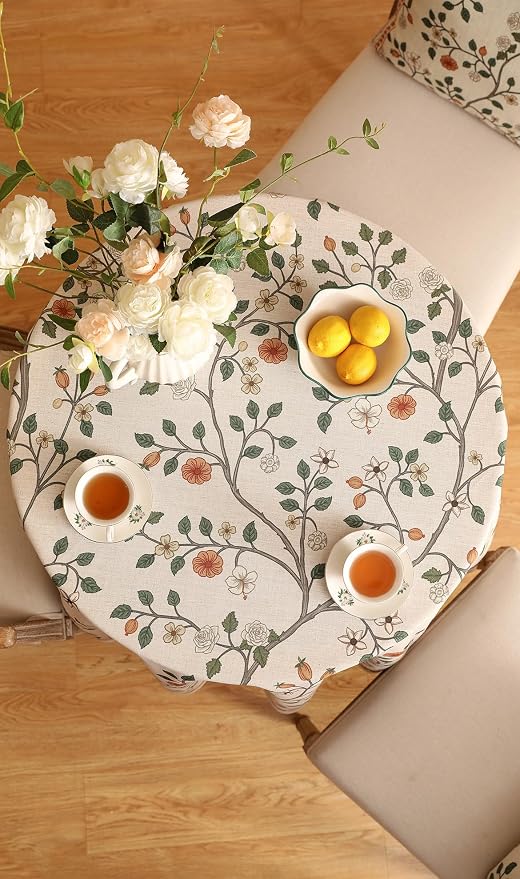 ISAENNE Vintage French Linen Round Tablecloth,Diameter 55"-Flora A | Designer Elegant Floral Table Cloth,Beautiful,Heavyweight,Decoration,Durable,Dining Room,Tea Party,Kitchen,Thanksgiving
