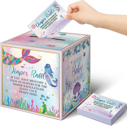 Teling 51 Pieces Diaper Raffle Tickets with Card Box Baby Shower Decorations Baby Shower Holder Box for Girl Boy Diaper Raffle Party(Mermaid)