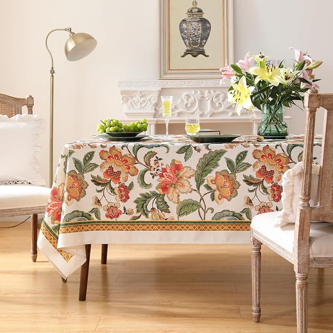 patdrea Vintage French Linen Tablecloth,Rectangular,110"x63"-Santiago A | Elegant Print Table Cloth for Rectangle Table,Colorful Floral Patterned,for Dining Room Tea Party Vender Banquet