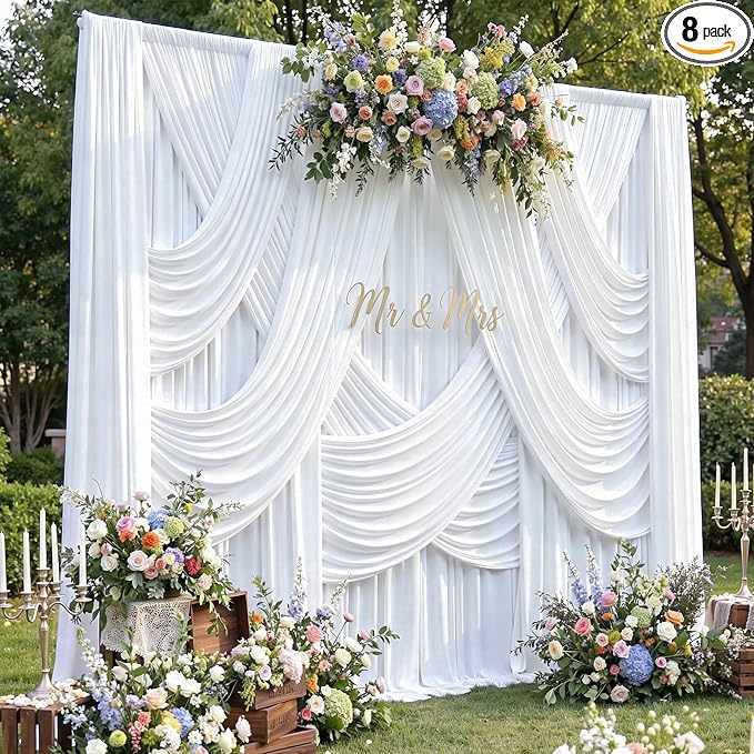 40ft x 15ft Long White Backdrop Curtains for Wedding Parties, Wrinkle Free Polyester 8 Panels 15 ft Photo Backdrop Drapes Back Drop Cloth Drapery for Birthday Photography Background Curtain