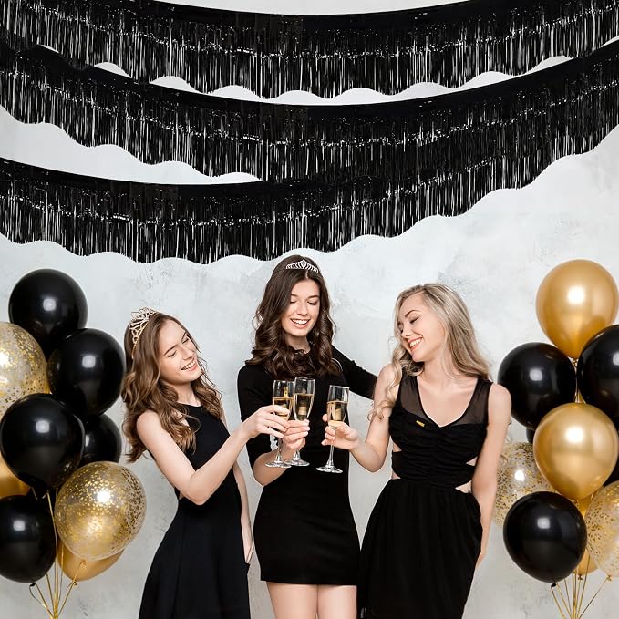 LOLStar Black Foil Fringe Tinsel Garland, Tinsel Streamers Banner, 6 Pack | 60Ft Tinsel Streamers, Shiny Black Wall Hanging Tinsel Fringe Banners for Bachelorette, Halloween, New Year Party Decor