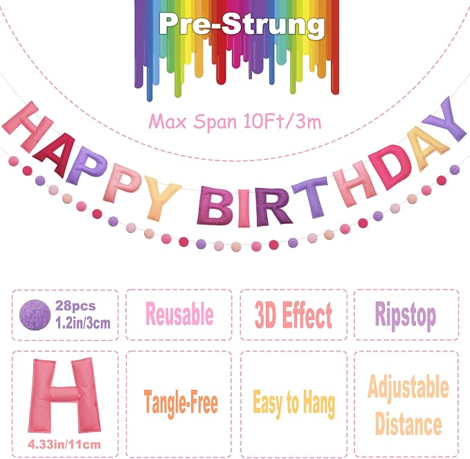 2 PCS Pre-Strung 3D Felt Happy Birthday Banner - Reusable Happy Birthday Decorations Sign, Felt Ball Garland, Pom Pom Garland, Party Decor, Photo Prop（pink & purple）