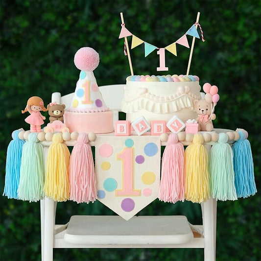 Pastel First Birthday Decorations for Girl 1st High Chair Banner and Chapter One Birthday Crown First Happy Birthday Hat for Boys Girls Birthday Party Decorations