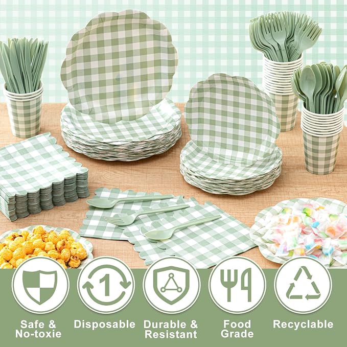 Funnymoom 400 Pcs Gingham Party Supplies for 50 Guests Green and White Paper Plates and Napkins Knives Spoons Forks Cups Disposable Checkered Dinner Party Set Cutlery for Baby Shower Wedding Favor