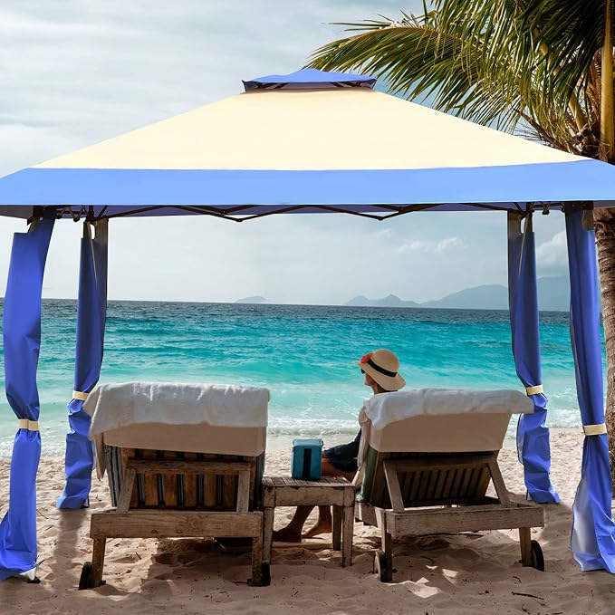 Tangkula 13 x13Ft Pop-Up Gazebo, Outdoor Canopy Shelter Tent w/ 2-Tier Roof, Corner Curtains & 3 Adjustable Heights, Patio Gazebo with 169 Sq.Ft of Shade for Yard, Patio, Beach & Park (Blue)