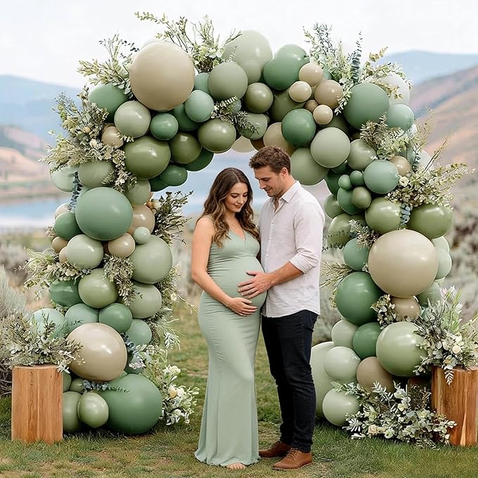Dusty Green White Balloon Arch Double Stuffed Sage Light Green White Sand Beige Balloon Garland Eucalyptus Leaves for Baby Shower Neutral Birthday Woodland Bridal Wedding Gender Reveal Party Decor