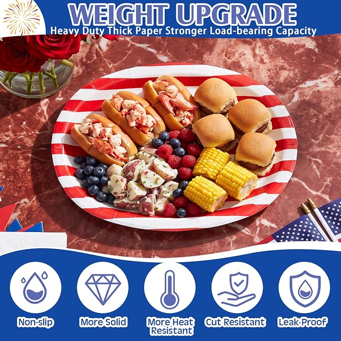 Pajean 350 Pcs 4th of July Party Decorations 12 inch Disposable Patriotic Oval Plates and Napkins Heavy Duty Star Stripe Paper Tableware Set for 50 Guests 250th Independence Party Supplies
