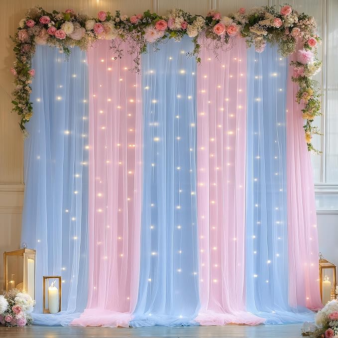 10x10ft Baby Pink Blue Tulle Backdrop Curtain with Lights String for Parites, Sheer Photo Backdrop Drapes with Lights for Wedding Backdrop Ceremony Reception Bridal Shower Baby Shower Birthday Party