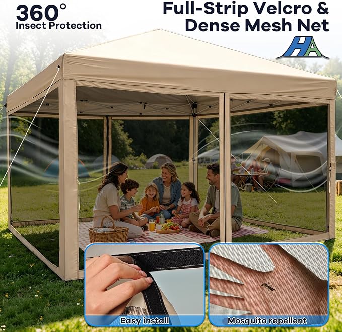 Ez Up 10x10 Pop Up Canopy Tent with Mosquito Netting, Waterproof Portable Instant Outdoor Screen Shelter, Ideal for Camping, Patio, Backyard, Parties and Events,Beige