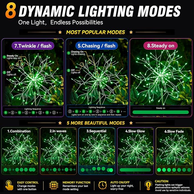 suddus Solar Garden Lights Outdoor - 150 LED Green Firework Lights Waterproof with 8 Modes, Solar Stake Lights Decorations for Outside Yard Pathway Flower Bed Halloween Decor (2 Pack)