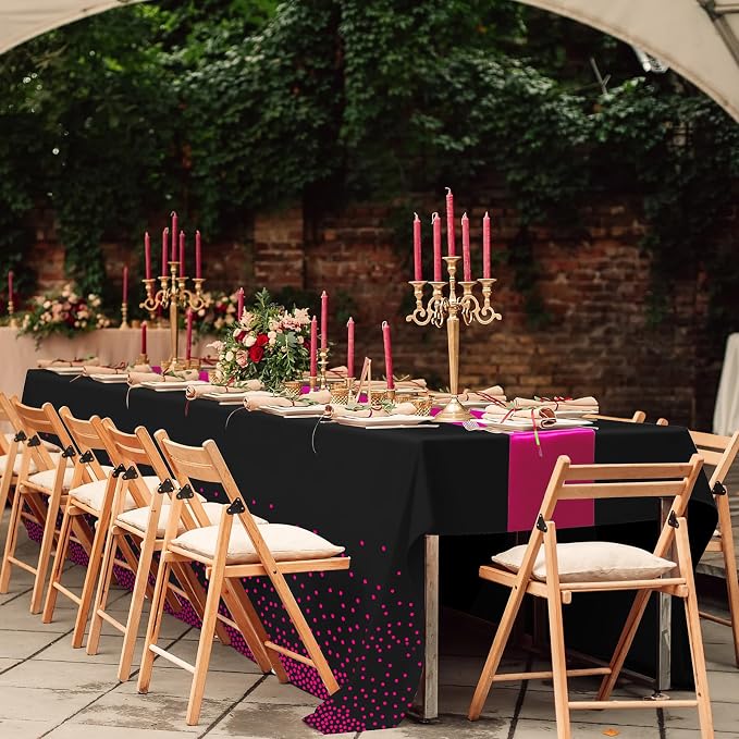 MASHAN 16Pack Disposable Plastic Party Tablecloths and Satin Table Runner Set - Black Hot Pink Dot - Wedding, Birthday, Baby Shower, Anniversary, Holiday Party Decorations