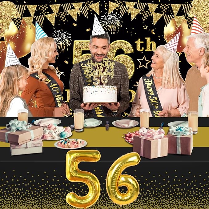 56th Birthday Decorations Men Women with 56th Birthday Banner, Black and Gold Table Cloth, Number Balloons, Large Sash, Cake Topper and Candles