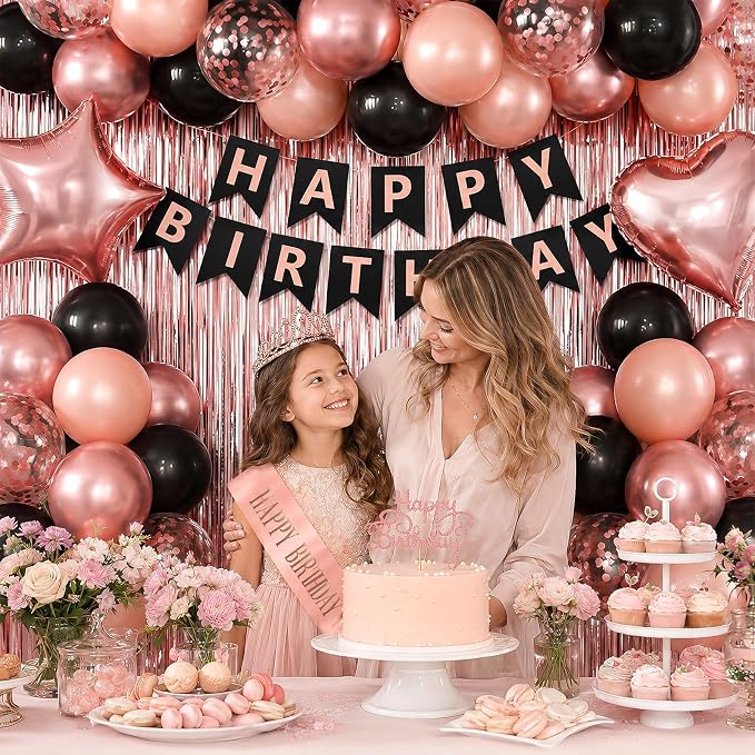 Black Rose Gold Birthday Decorations for Women Girls,Rose Gold Latex Balloons with Happy Birthday Banner,Fringe Curtain,Cake Topper,Sash and Crown for Birthday Party Supplies
