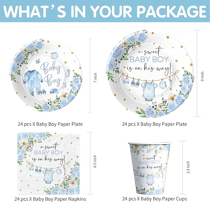 Srua Don Baby Boy Baby Shower Decorations, Blue Floral Sweet Baby Boy Party Supplies, Plate, Napkin, Cup, Tablecloth, Banner, Swirls, Cutlery, Boy Gender Reveal Table Decorations, Serves 24