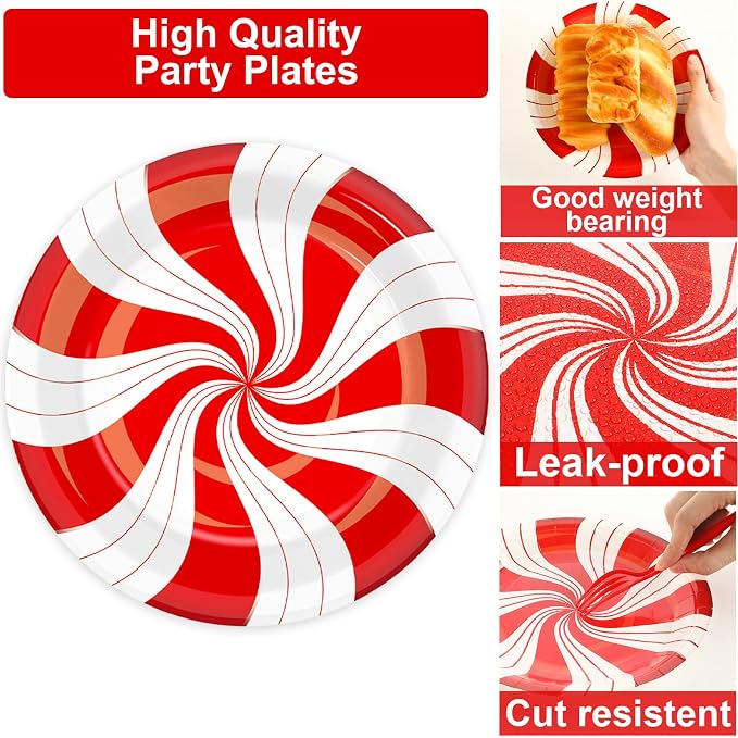 50 Guests Christmas Candy Cane Plates and Napkins Party Supplies Peppermint Party Decorations Disposable Tableware Set Red and White Striped Dinnerware Favor for Holiday Xmas Theme Party, 200PCS