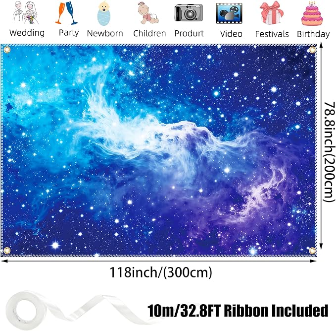 Galaxy Backdrop 10×6.5ft Starry Sky Universe Space Nebula Photo Background – Cosmic Galaxy Wall Hanging for Bedroom Decor & Party Decorations with Ribbon, Polyester Fabric