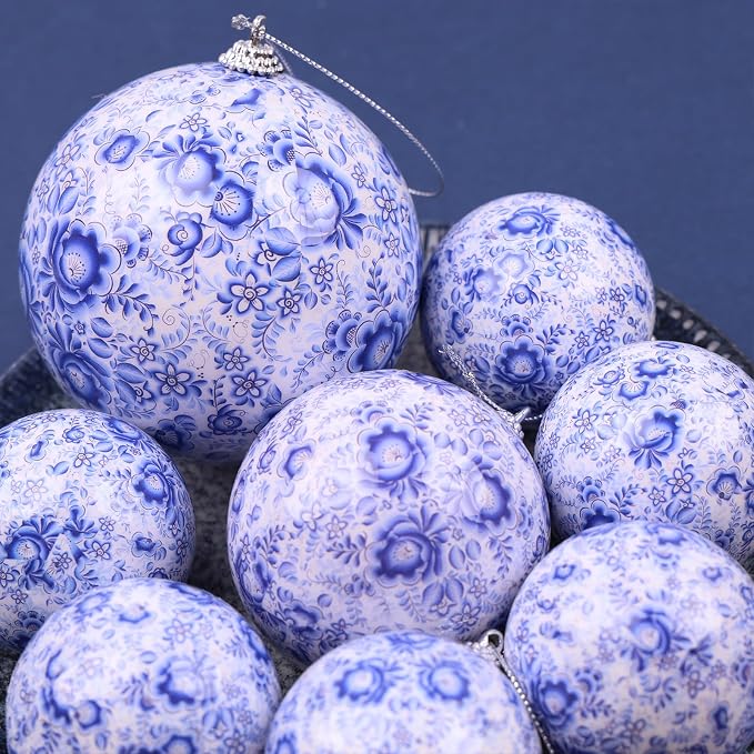 10 Pcs Chinoiserie Ornaments Plastics Ball White and Blue Christmas Tree Hanging Ornaments DIY Xmas Party Basket Table Christmas Wreath Wedding Birthday Home Decor