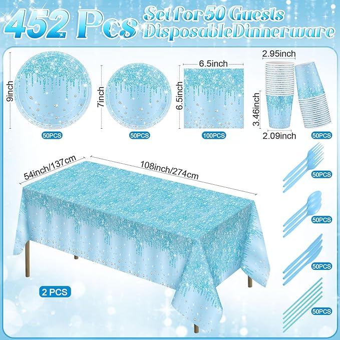 Funnymoom 452 Pcs Light Blue Party Decoration Include Glitter Baby Blue Paper Plates Napkins Cups Tablecloth Cutlery Straws Tableware for Baby Shower Birthday Wedding Graduation Party Supplies