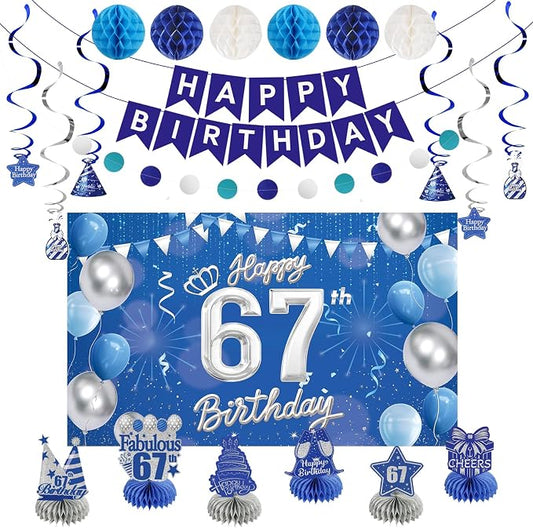 Happy Birthday Party Decoration Set: Including Birthday Banner Backdrop, Party Table Centerpieces and Hanging Swirl Party Streamers, Birthday Decor Suppliers for Men and Women (Blue, 67th Birthday)