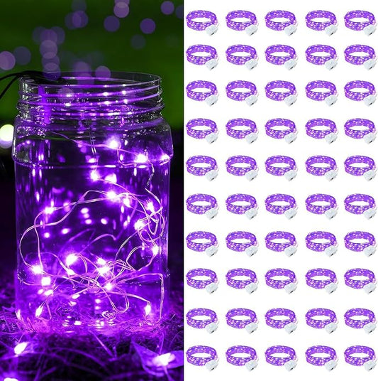 50 Pack Purple Fairy Lights Battery Operated, 7ft 20 LED Mini String Twinkle Lights for Easter Christmas Halloween Mason Jars Centerpiece Table Decorations (50, Purple)