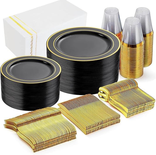 GATHER 350PCS Black Plastic Plates - Black and Gold Disposable Dinnerware Set Include 100 Plates, 150 Gold Silverware, 50 Napkins, 50 Cups for Party & Wedding & Birthday