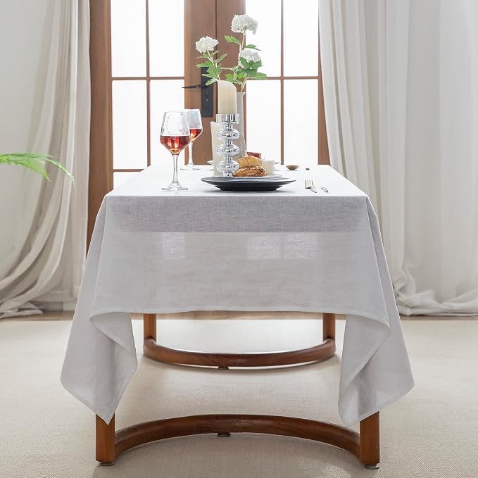 EVERLY 100% Pure Linen Rectangle Tablecloths 60x84Inches for Dining, Buffet Parties, Picnic,Events, Weddings and Restaurants, Decorative Halloween, Thanksgiving Machine Washable Tablecloths-White