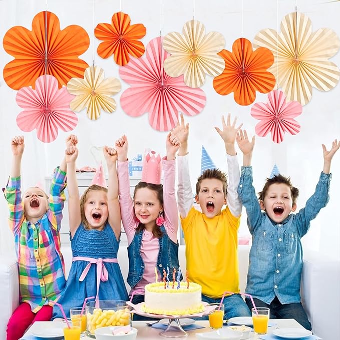 SUNBEAUTY Paper Flowers Decorations Pink and Orange for Wall Paper Fans Classroom Decoration Paper Floral Backdrop Decor Paper Fans Decor Hanging Paper Fans Orange Flower Wall Decor Set of 9