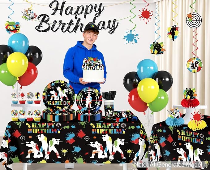 Paintball Birthday Party Decorations for 25 Guests, 219PCS All-in-One Colorful Paint Splash Shooting Game Theme Party Supplies Set with Plates, Balloons, Banner, Cake Topper, and Tablecloths