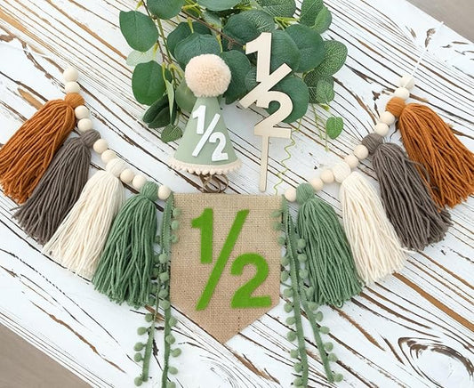 Half Birthday Decorations Baby Boy Sage Green 6 Months High Chair Banner With 1/2 Cone Hat Cake Topper Jungle Theme Half Way to One Decorations Boy Party Photoshoot Props