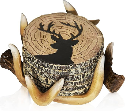 Deer Antlers Coaster Set of 6 – Handcrafted Deer Antler Decor and Man Cave Gifts for Men - 6 Full Size Deer Antlers Coasters for Man Cave Décor