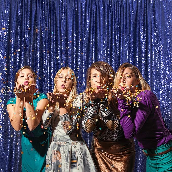 SquarePie 7x7ft Navy Blue Sequin Backdrop for Photography, Satin-Backed Real Sequin Curtain, Enhanced Coverage Shimmering Background with 4" Rod Pocket for Wedding, Birthday, Party Decor, 1 Panel