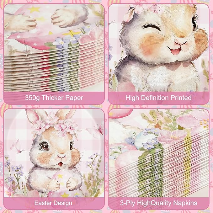 150 Pcs Easter Paper Plates and Napkins Sets Party Supplies - Disposable Cute Pink Plaid Easter Bunny Eggs Dinner Plate Napkin Paper Tableware for Spring Easter Table Decorations Party Supply,Serve 50