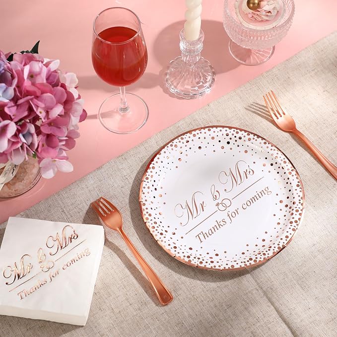 150 Pcs Bridal Shower Rose Gold Party Supplies Napkins Plates Forks Tableware Disposable Dinnerware Set for Bridal Shower Wedding Engagement Bachelorette Party Decorations (Mr and Mrs Style)