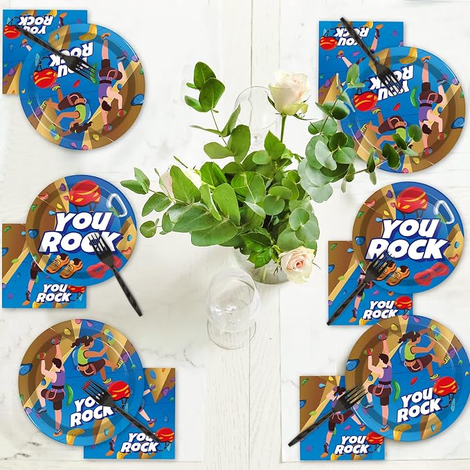96 Pcs Rock Climbing Party Plates and Napkins Supplies Tableware Disposable Camping Party Dinner Dessert Plates for Rock Climbing Camping Adventure Table decorations, 24 Guests