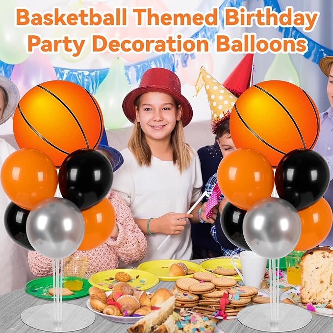 Basketball Party Balloons Stand Kit - 2 Sets With 2 Basketball Ball Foil Balloons - Basketball Themed Party Balloon Centerpiece for Tables - Game Sports Birthday Party Decorations