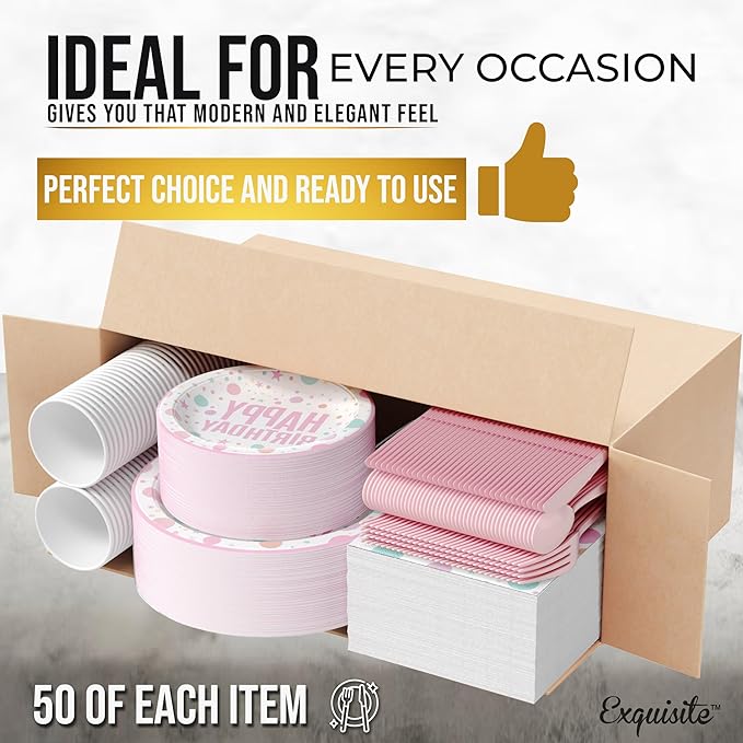 Exquisite 350 Pcs Pink Happy Birthday Plates and Napkins Set, Pink Birthday Plates Set, 50 Of Each 9" Dinner Plate, 7" Dessert Plate, 12 oz Cups, Napkins & Cutlery Plastic Dinnerware Set Set
